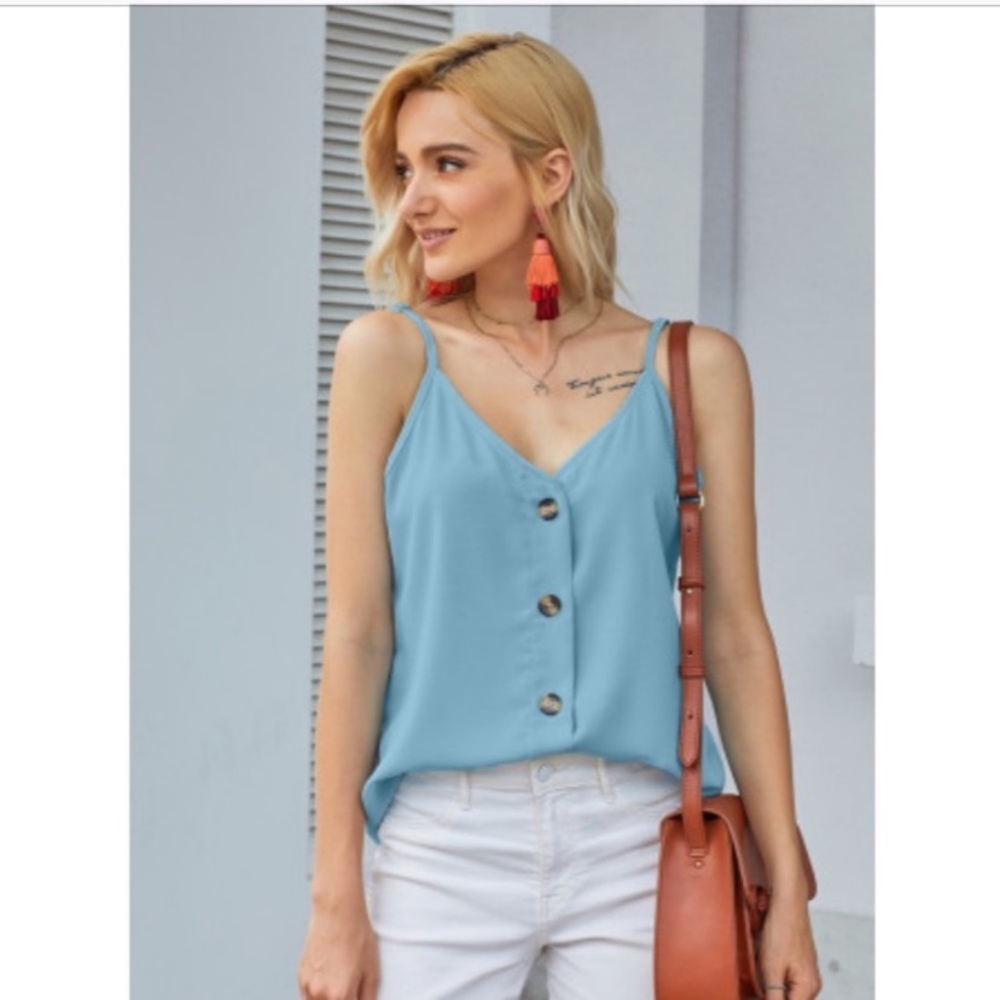 New Sky Blue Spaghetti Strap Buttoned Top